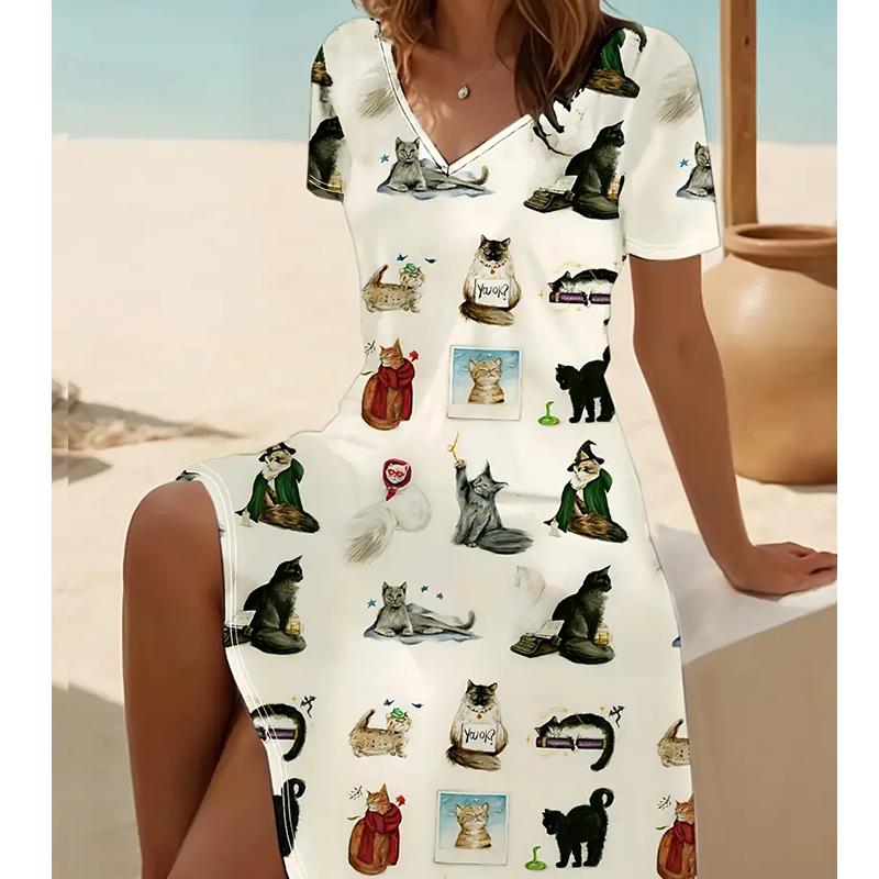 Summer Fashion Women's V Neck Short Sleeve Lovely Dog Printed  Dress Sex Short Skirt Dresses