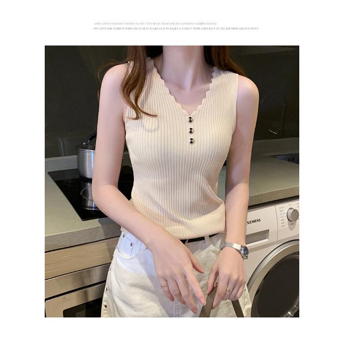 Women's Ice Silk V-Neck Knitted Camisole: Korean Style Sleeveless Outer & Inner Wear for Summer
