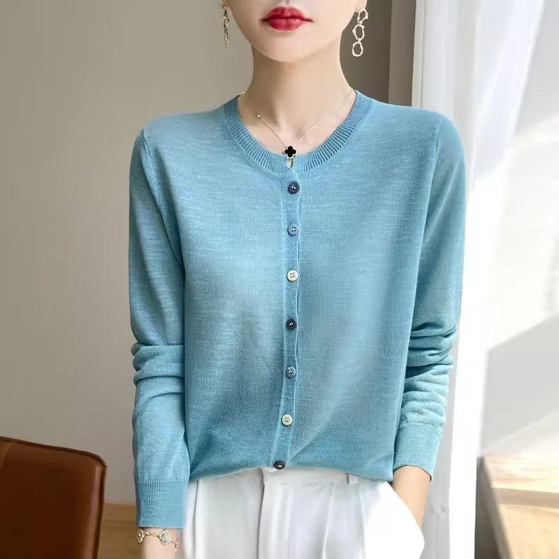 Women's Slim-Fit Thin Knitted Cardigan Coat for Summer Long Sleeve Plus-Size Top for Spring and Autumn Outer Wear