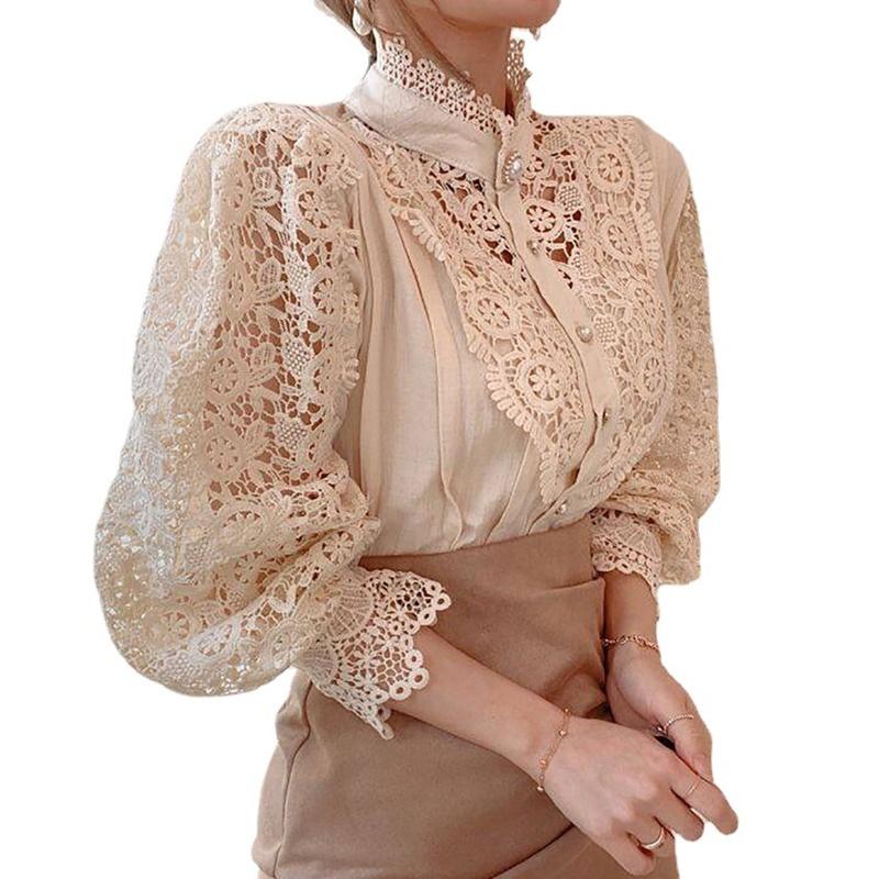 Women's Floral Lace Blouse Stand Collar Long Sleeve Hollow Out Button Detail Elegant Top