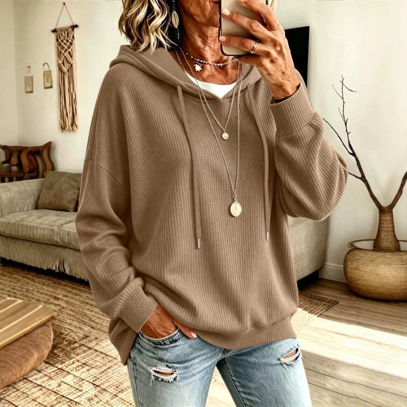 Women S Solid Drawstring Hooded Knit Loose Fit Casual Sweatshirt With Pockets