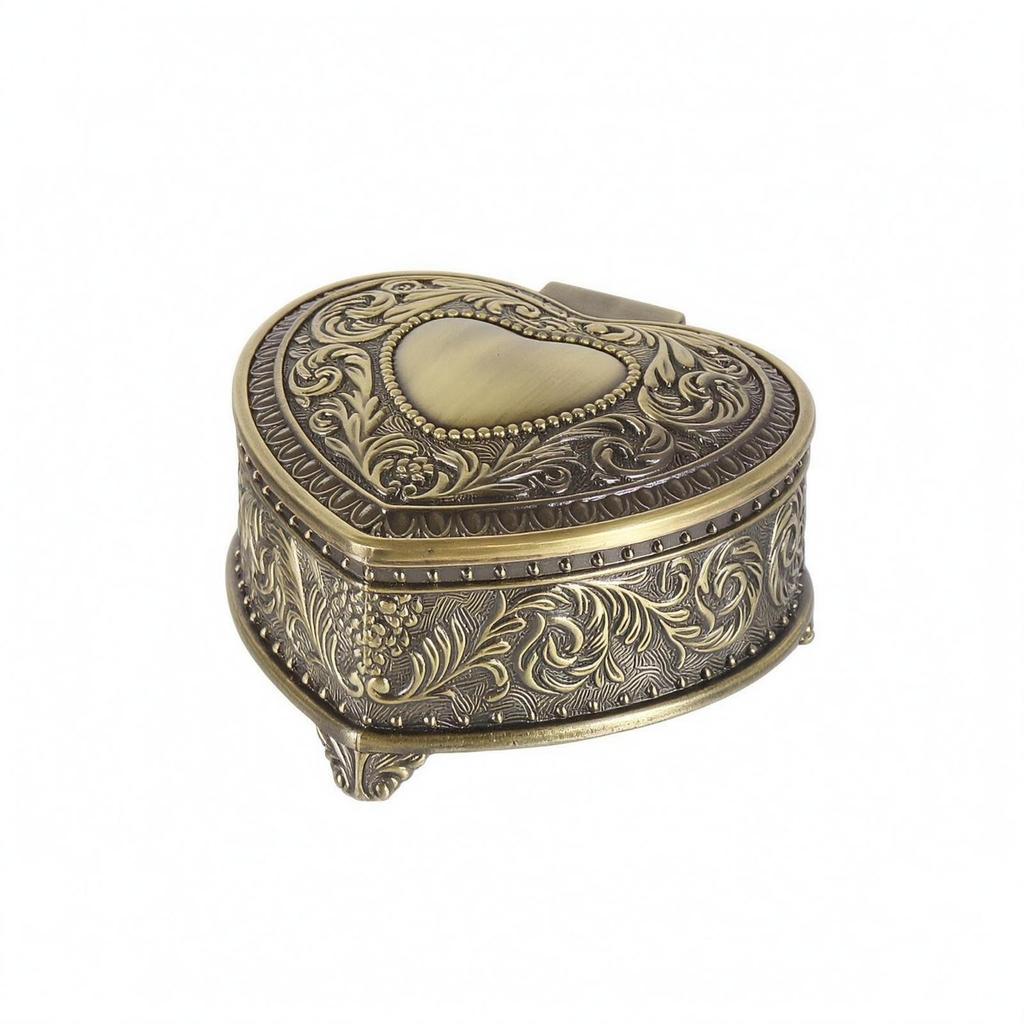 HeartShaped Jewelry Box VelvetLined Container Embossed Antique Case