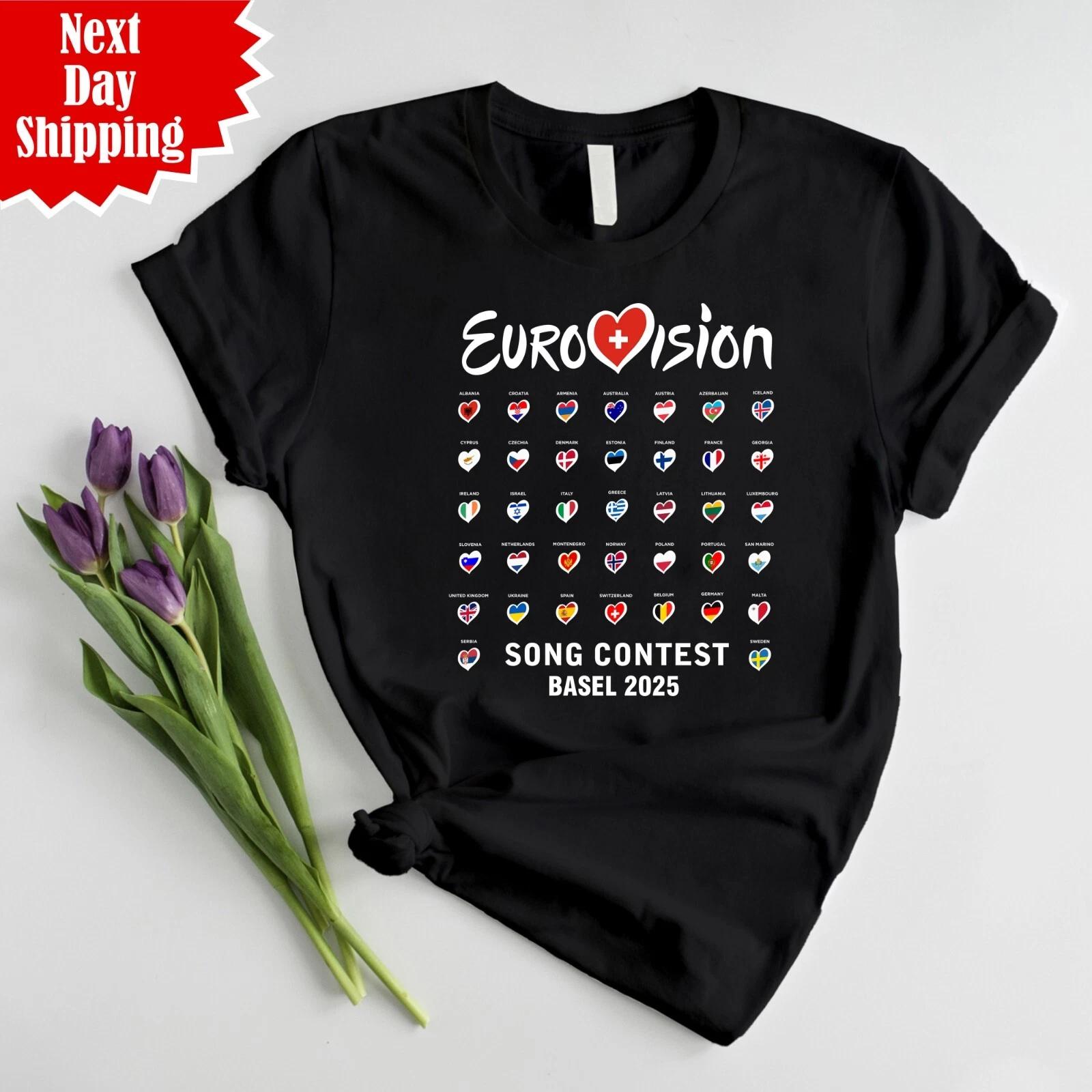 All Flag Eurovision Song Contest Basel 2025 T Shirt Flags Hearts Printed Tee Top 2XL
