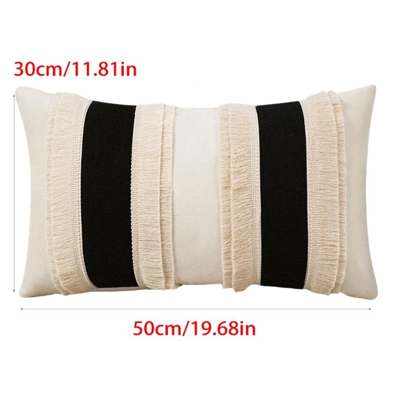 2Pcs Farmhouses Throw Pillow Cover Set, Patchwork Polyester Rectangular Shape With Fringe, 30 X 50 Cm Lumbar Cushion Covers for Home Decors