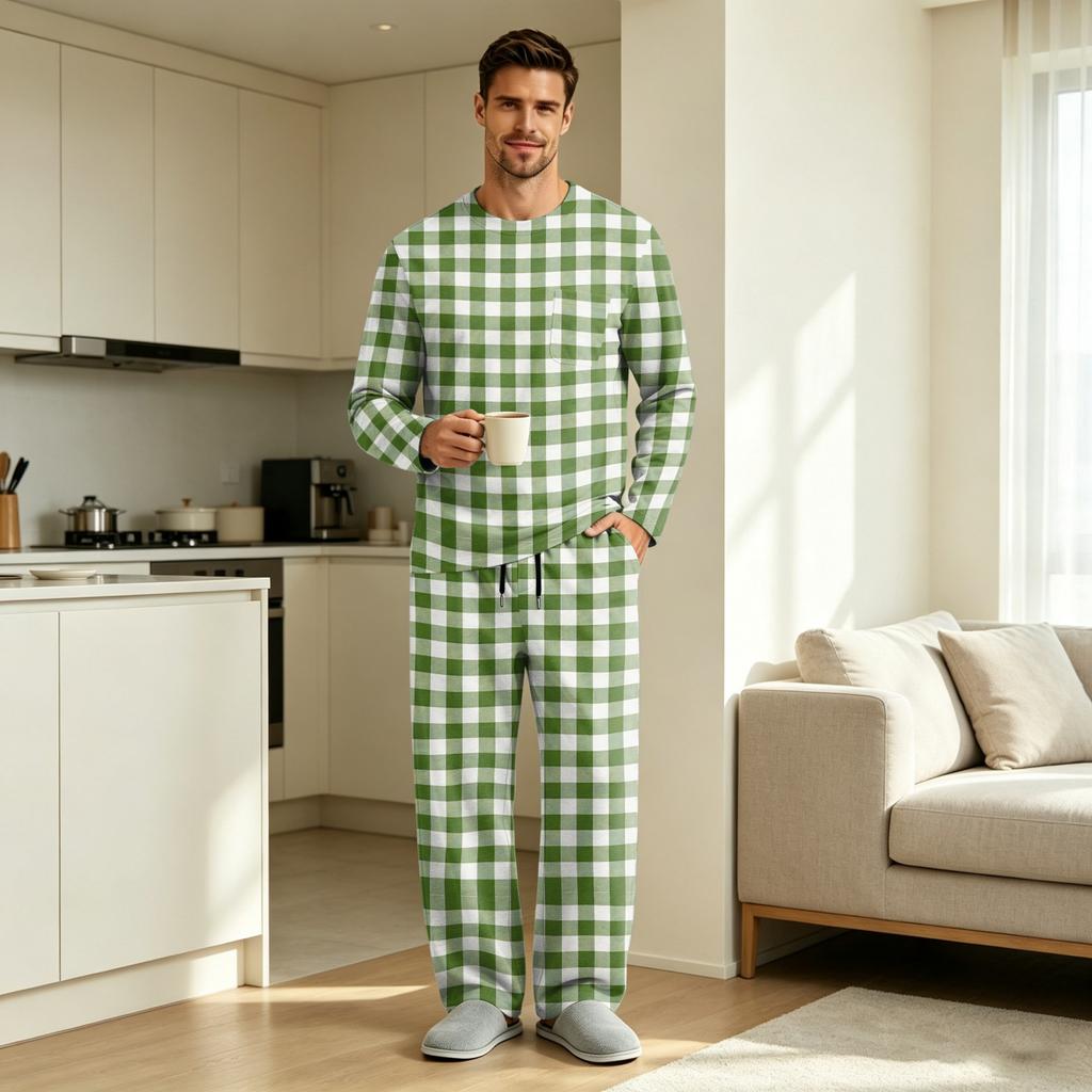 Men's Pajama Set Long Sleeve Top and Long Pants with Button Crotch and Elastic Drawstring Waist for Home Loungewear