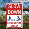 2D Flat Slow Down At Play Metal Sign - Durable Metal Safety Signage, 12*8 Inches, Easy To Install, Red and White with Blue Graphics, Perfect for
