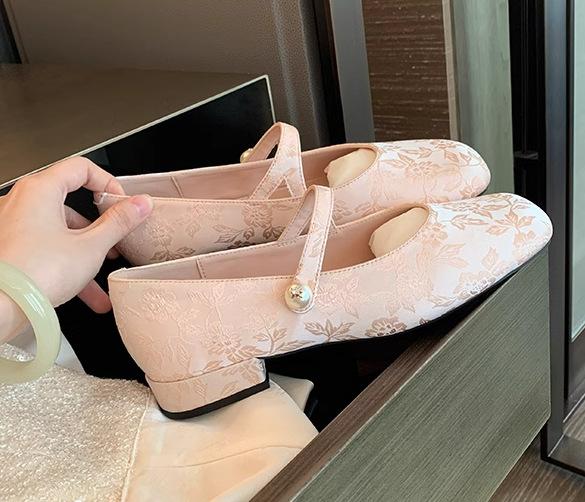Fashion Flat Shoes for Women 2025 Spring and Autumn Pearl Square Toe Jacquard Mary Jane Shoes Ladies Loafers Women Zapatos De Mujer