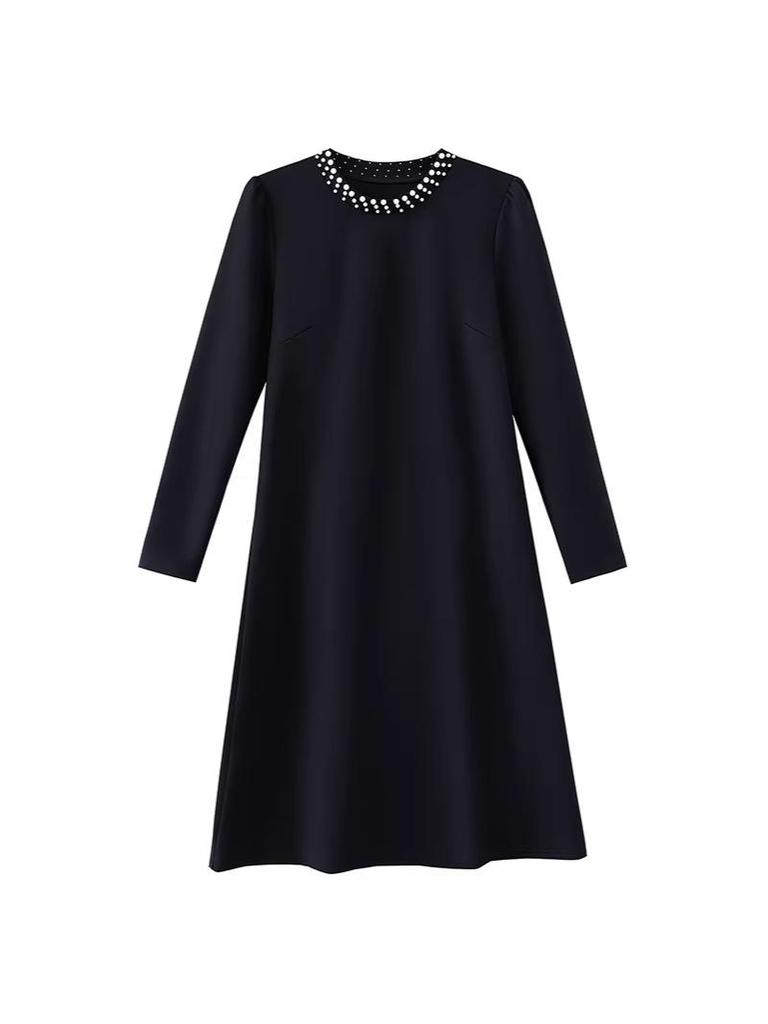 Hepburn Style Women's Elegant Black Midi Dress - Versatile Long Sleeve for Spring/Autumn 2026