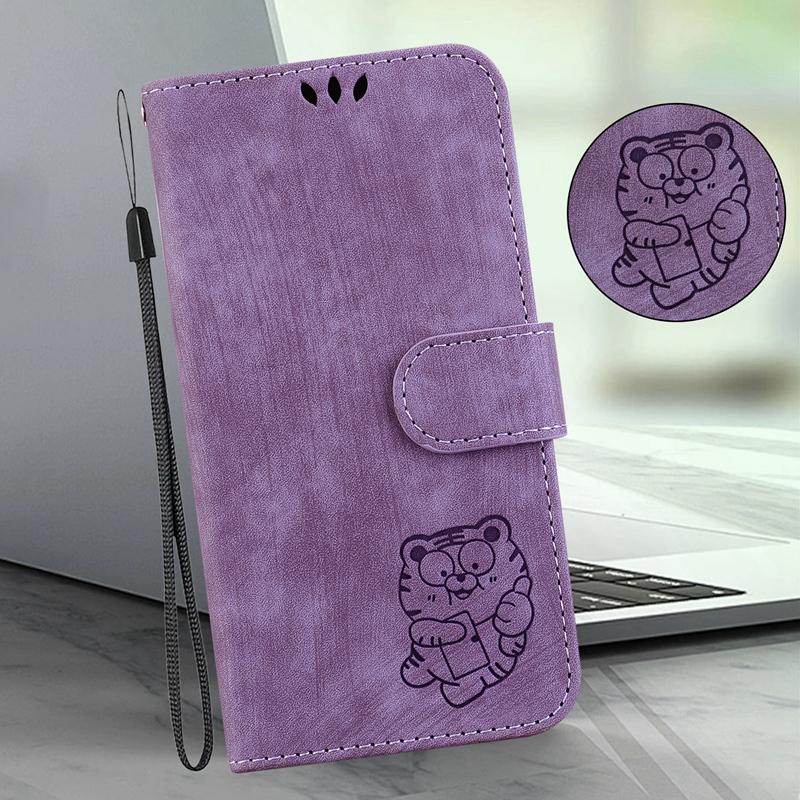 Hudfølelse preget Cartoon Tiger Wallet-veske til iPhone Samsung Xiaomi Huawei Google Hånd-rem Flip Cover Beskyttende veske for hele kroppen