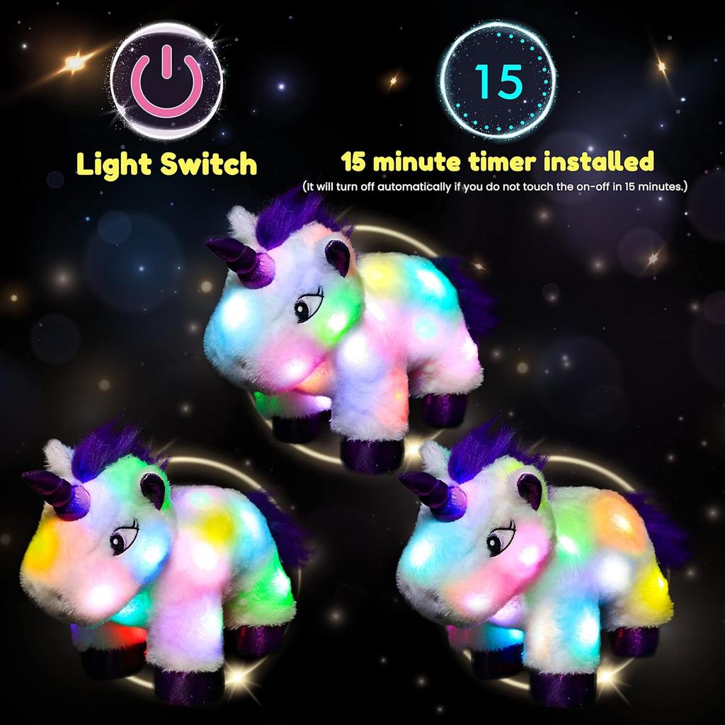 Hopearl LED Plush Unicorn Lighting Up Stuffed Animal Floppy Night Lights Glow in The Dark Birthday Gifts for Kids Toddler Girls, White, 15''