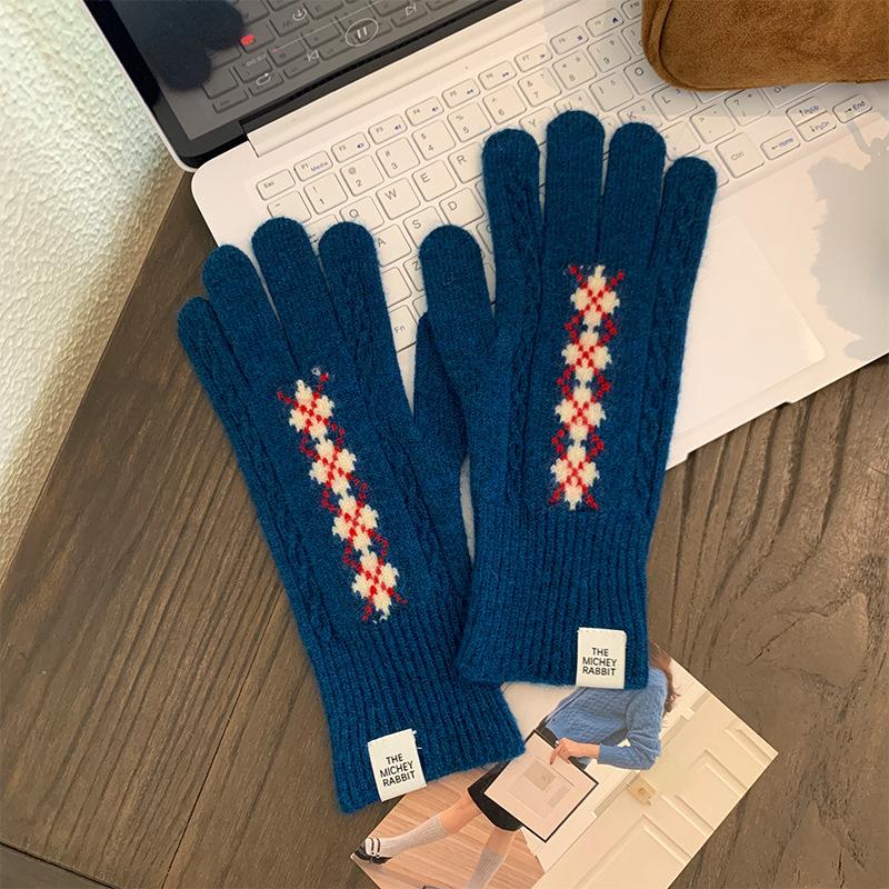 

Women s Twisted Flower Finger Gloves Winter Cycling Touch Screen Insulation Warmth Knitted Anti Freezing Long Gloves Korean M темно-синий
