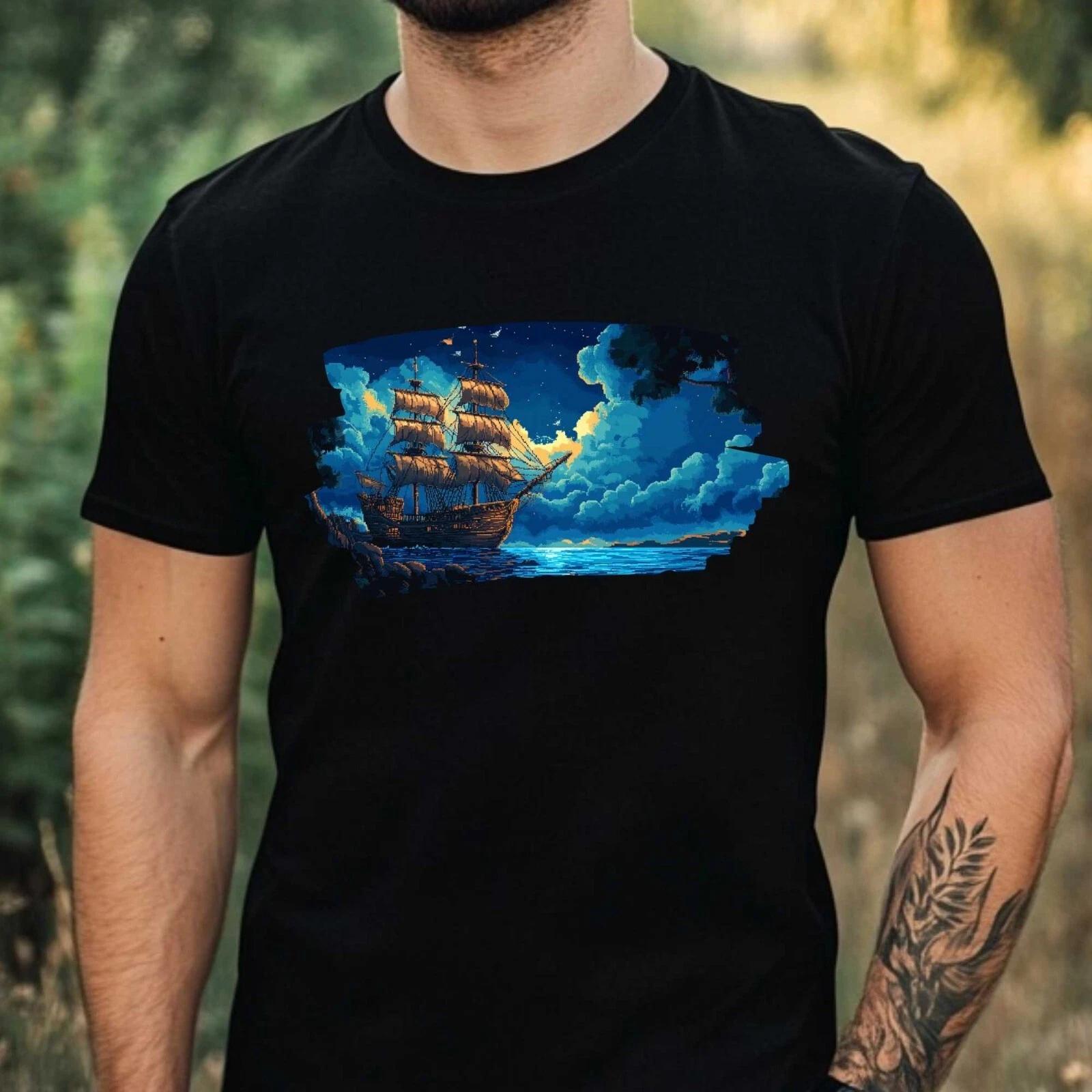 T-Shirt Herren Piratenschiff Pixel Art Motiv Baumwolle Größe XS bis 5XL XXXXL