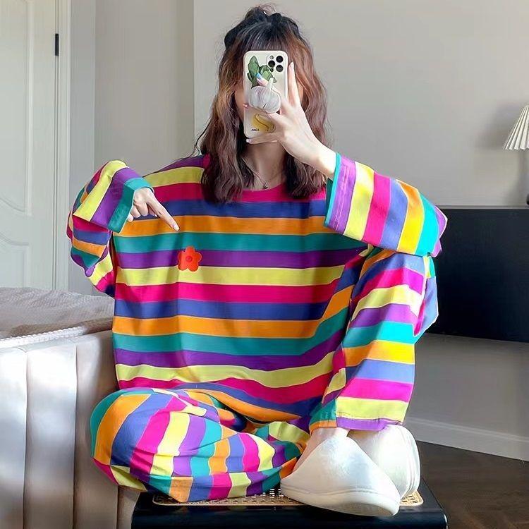 

Женский пижамный комплект в радужную полоску с рисунком: Имитация хлопка, топ с длинными рукавами и свободные брюки на весну/осень. XL, 2XL