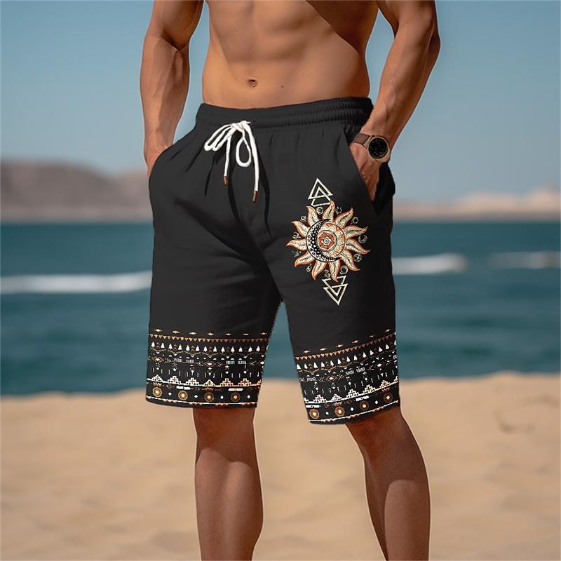 Retro Ethnic Style Graphic Beach Shorts For Men Summer Drawstring Pockets Casual 3D Printed Short Pants Fashion Loose Swim Trunk