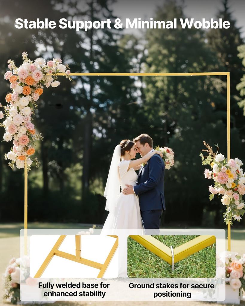 Arch Backdrop Stand, 2.4 x 2.4 m, Stable Structure, Easy Assembly, Square Gold Metal Arch Backdrop Stand for Wedding, Birthday Party, Graduation,