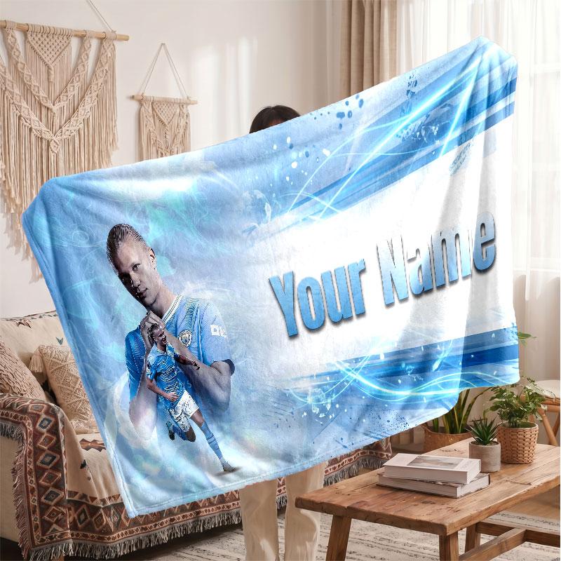 Erling Haaland Personalized Fleece Blanket With Football Logo, Custom Name Text Soft Warm Home Throw Blanket