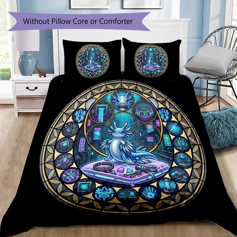 Cyber Axolotl Mandala Pattern Bedding,Quilt Set Quilt Cover Pillowcase Home Birthday Gift (1 * duvet cover + 2 * pillowcase, without core)