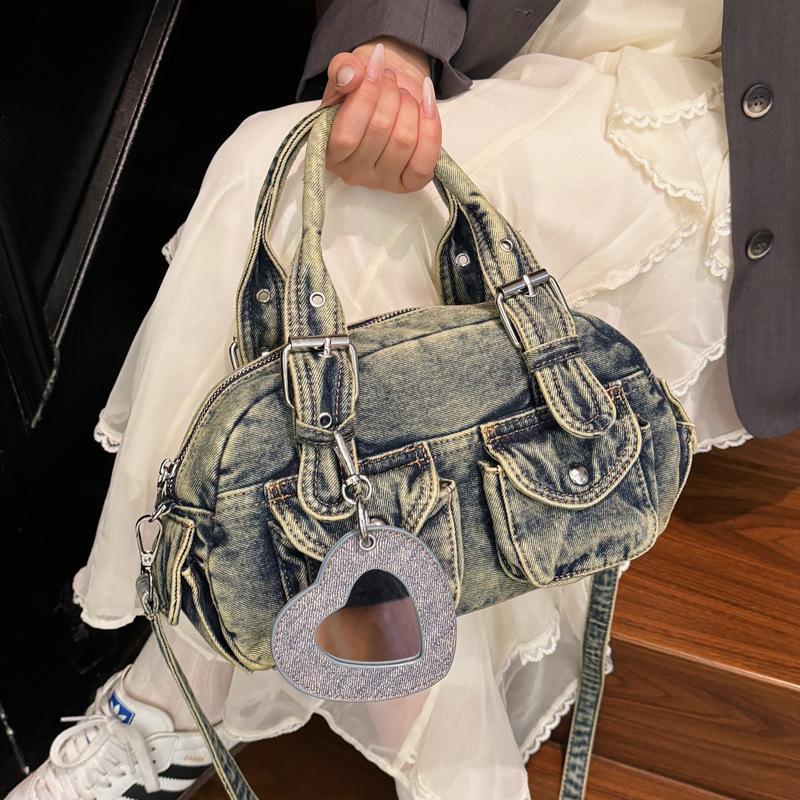 Denim bag women's autumn and winter versatile 2025 new casual pleated messenger bag portable Boston bowling bag