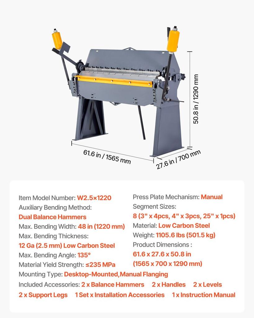 Box and Pan Brake, 1220 mm/48 inch Sheet Metal Bending Brake, 12-Gauge Mild Steel Capacity, 0-135 Degree Adjustable, Metal Bender Machine with 8
