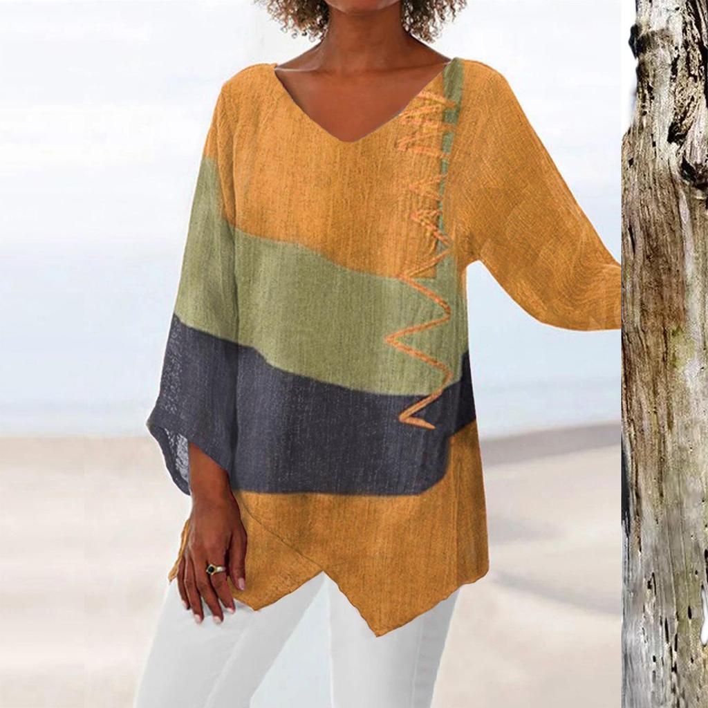 Top Retro Autunnale con Scollo a V e Stampa Artistica a Maniche Lunghe da Donna