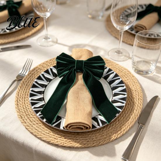Elegant Retro Table Fabric Holders Velvet Napkin Bow Decorations 6Pcs Rings Christmas Red Decor Green Rings for Dinner Holiday