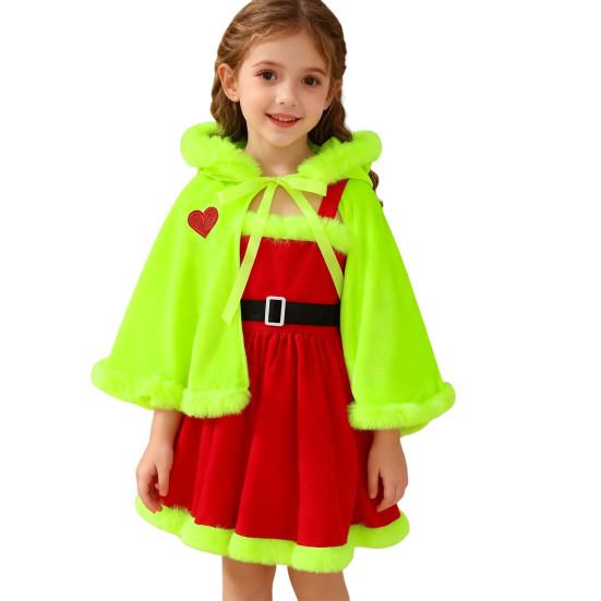 Girls Christmas Cape Dress with Fur Trim Red Holiday Performance Costume for Toddlers 1-6 Years Fancy Party Dress Accessory