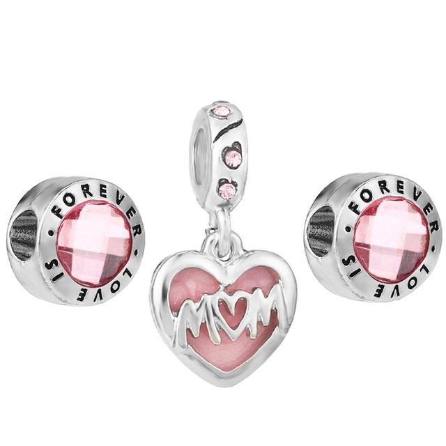 3pcs /Lot Pink Love Heart Beads Enamel Mom Pendant Fit Diy Brand Charm Bracelets Necklaces For Women Mother Jewelry Making
