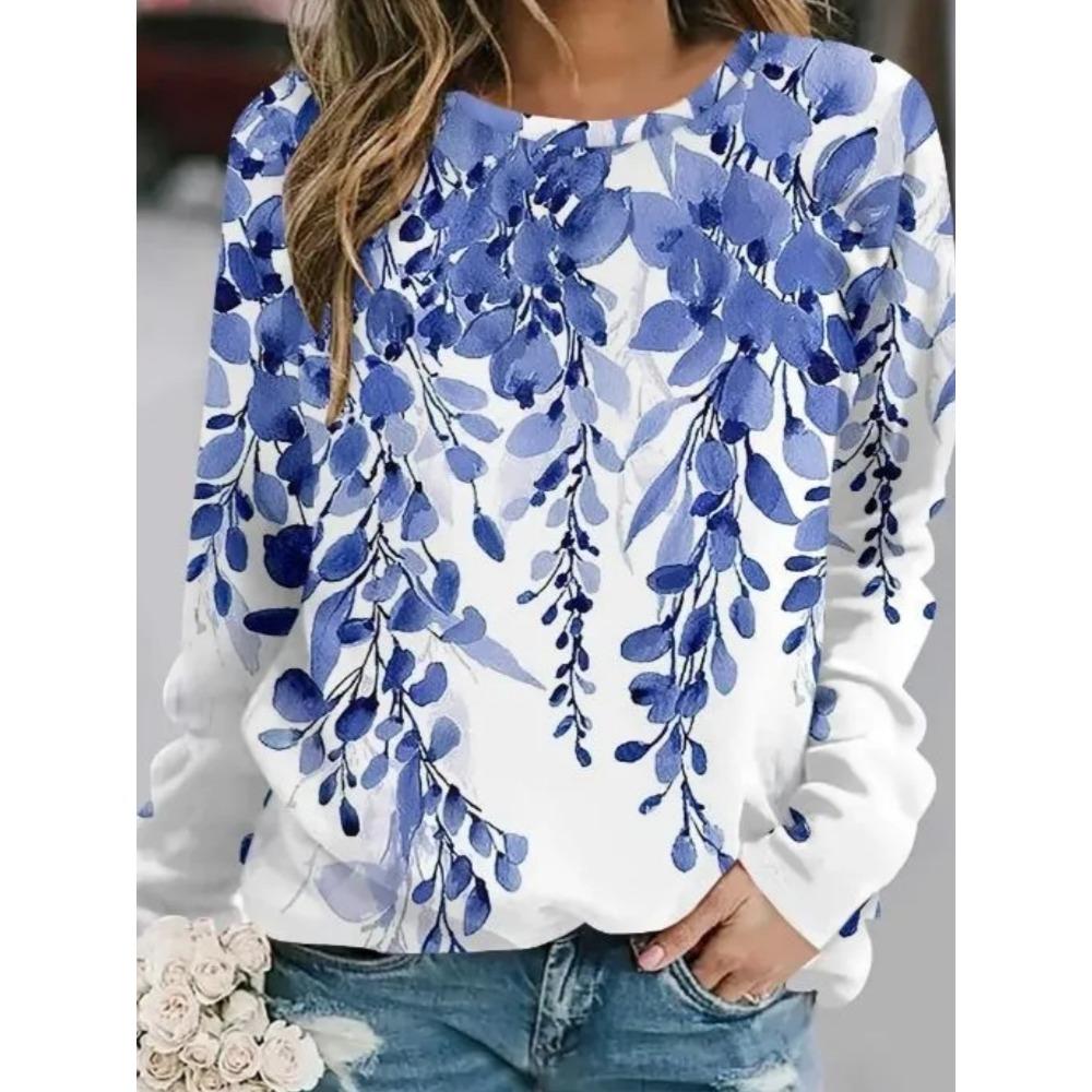 Women's 3D Floral Solid Color Printing Round Neck Holiday Weekend Spring Autumn Fashionable Comfortable Long Sleeved T-Shirt