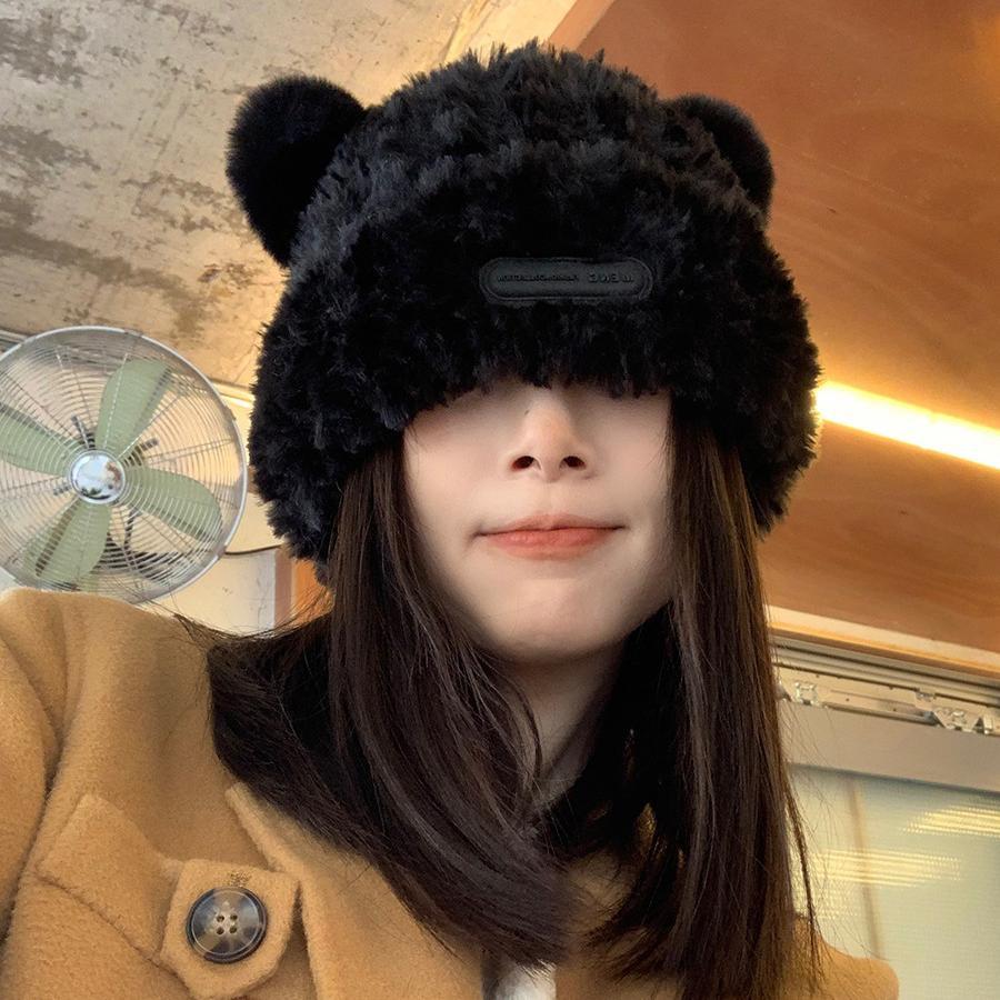 Elegant Bear Plush Knit Hat For Women Winter Warm Thick Fur Cap Beanie