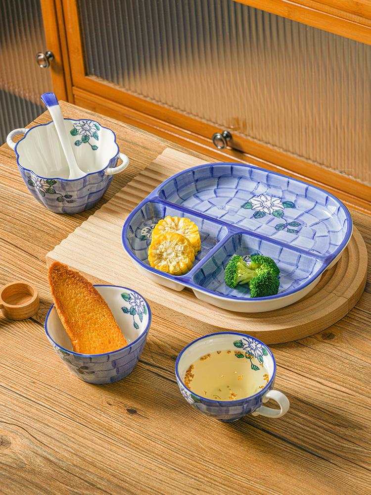 Divided Plate Large Three Grid Plate Divided Plate Ceramic Household Breakfast for One Person