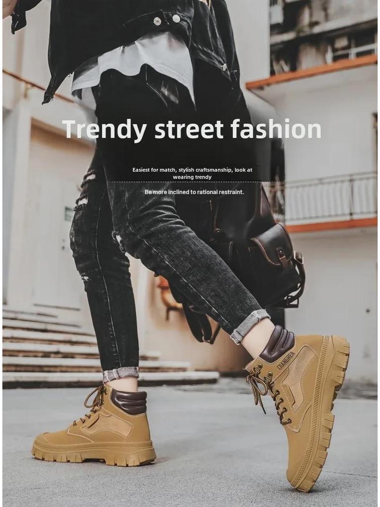 Pánské retro britské martensky 2024: Vysoké boty z pravé kůže, odolné proti okopu, trendy velké žluté pracovní boty.