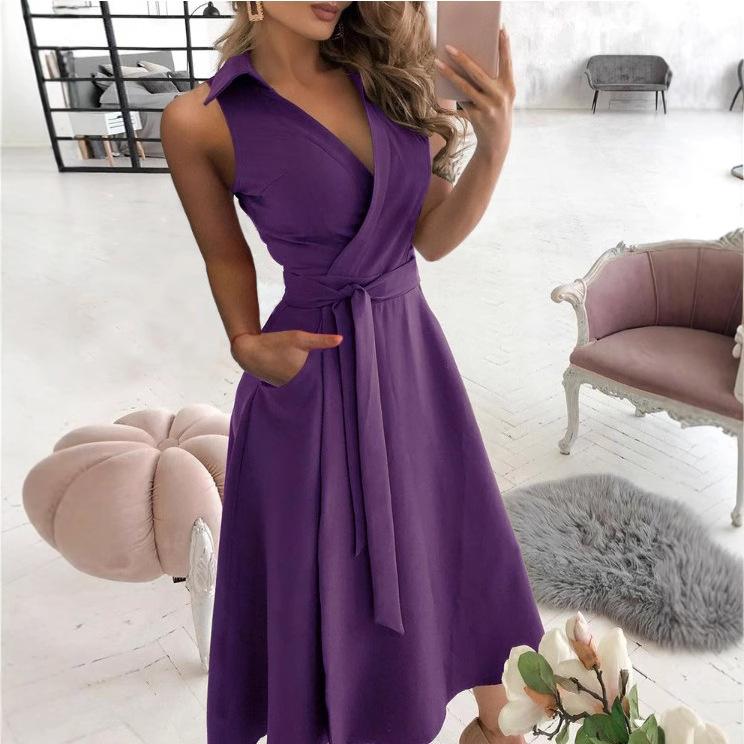 

V-neck Lace Up Short Sleeved Solid Color Pocket Women s Dress Elegant Office Fashion Commuting Style Summer Dress S фиолетовый
