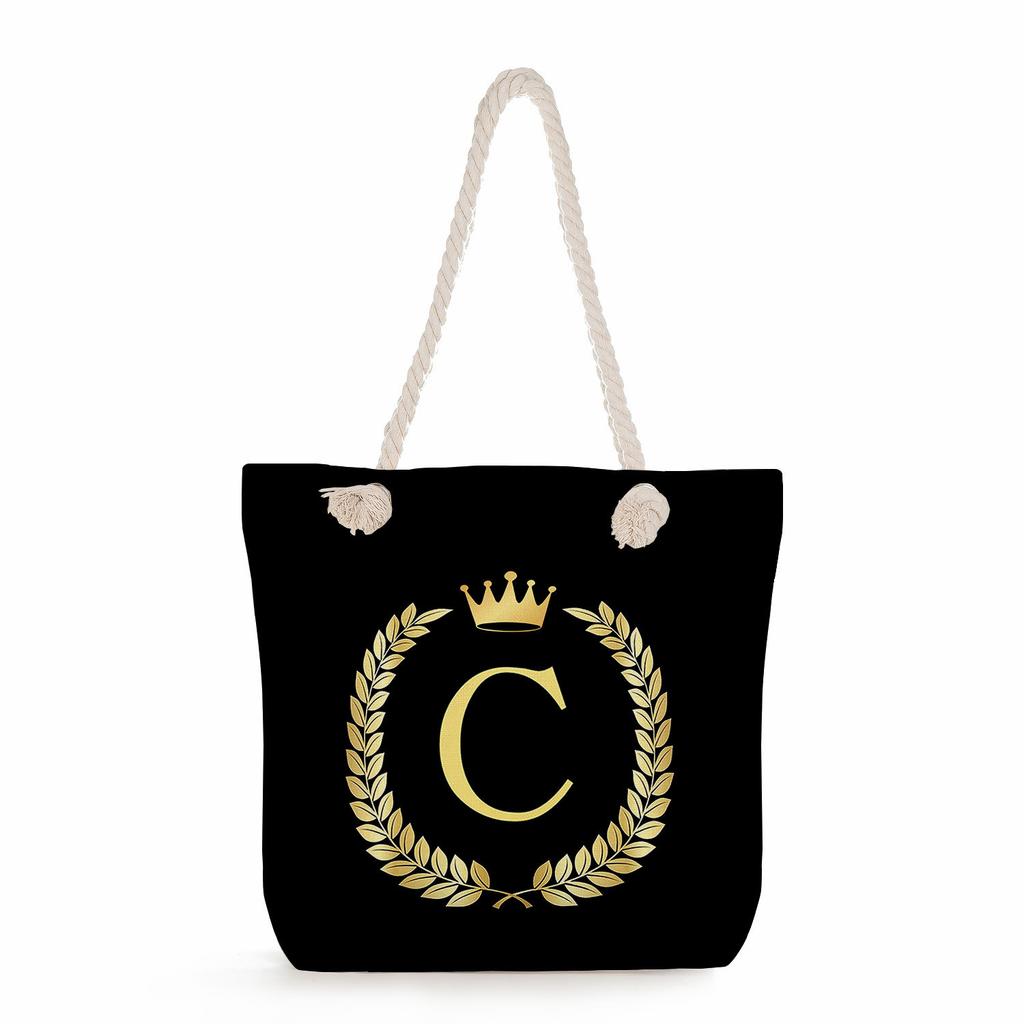Black letters on a black background print thick rope single-shoulder beach bag 7289 CLE