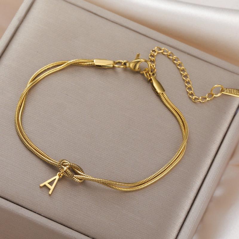 Stainless Steel 26-Letter Bracelet & Anklet with Double-Layer Knotted Snake Bone Chain
