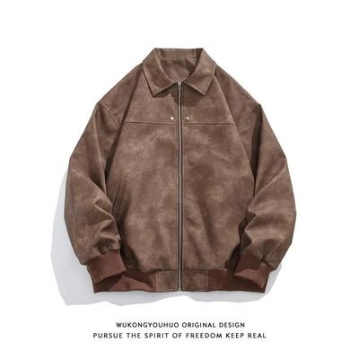 2024 Men's American Retro Brown Suede Leather Lapel Jacket