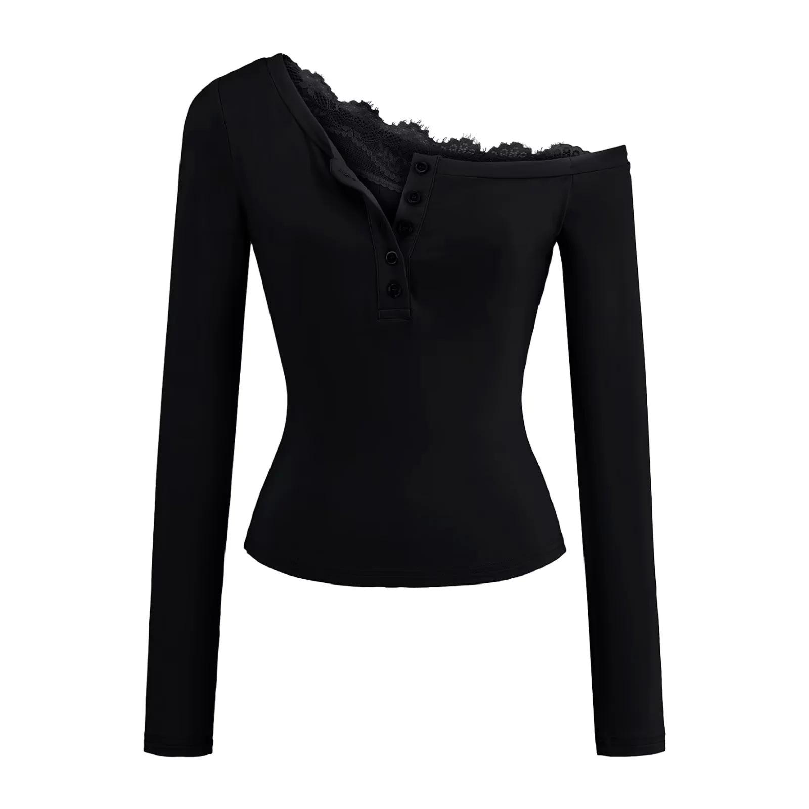 Women s Autumn Slim-Fit Lace Patchwork Off-Shoulder Long Sleeve Top Small