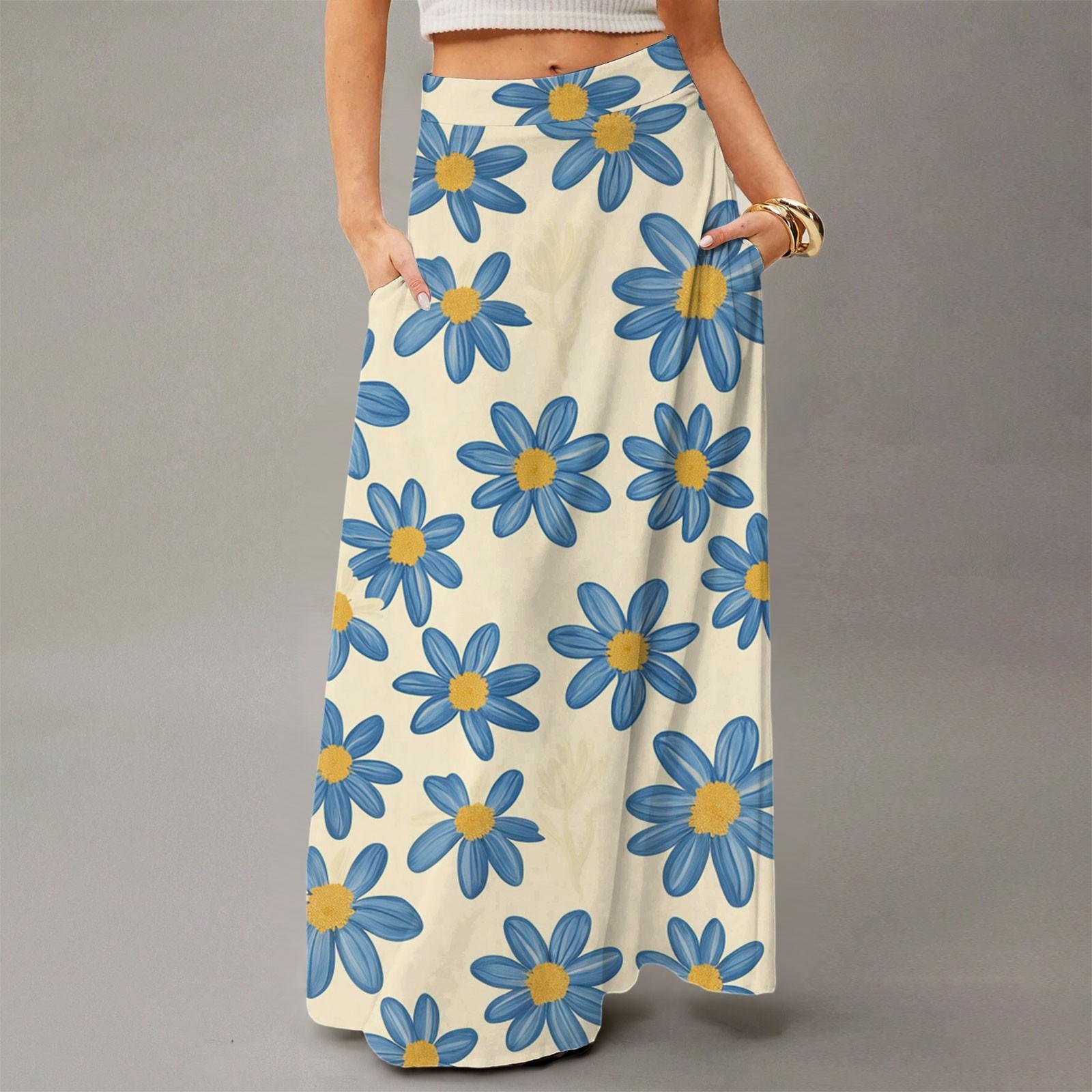 

Женская повседневная складная юбка макси с цветочным принтом, высокой талией, карманом, драпировкой и свободным кроем L синий