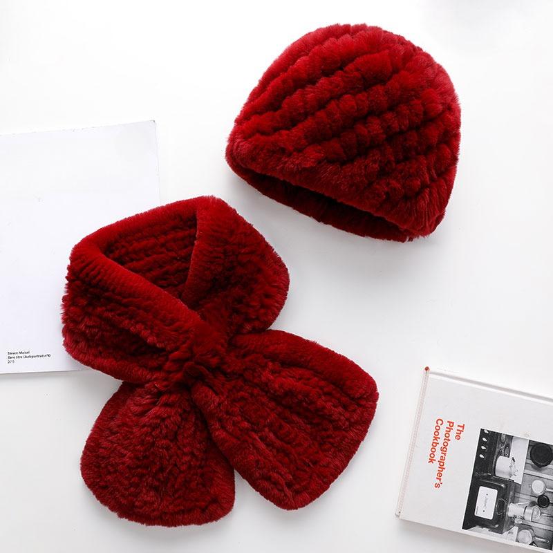 Soft Rabbit Fur Hat for Women Knitted Thick Warm Beanie Scarf Set