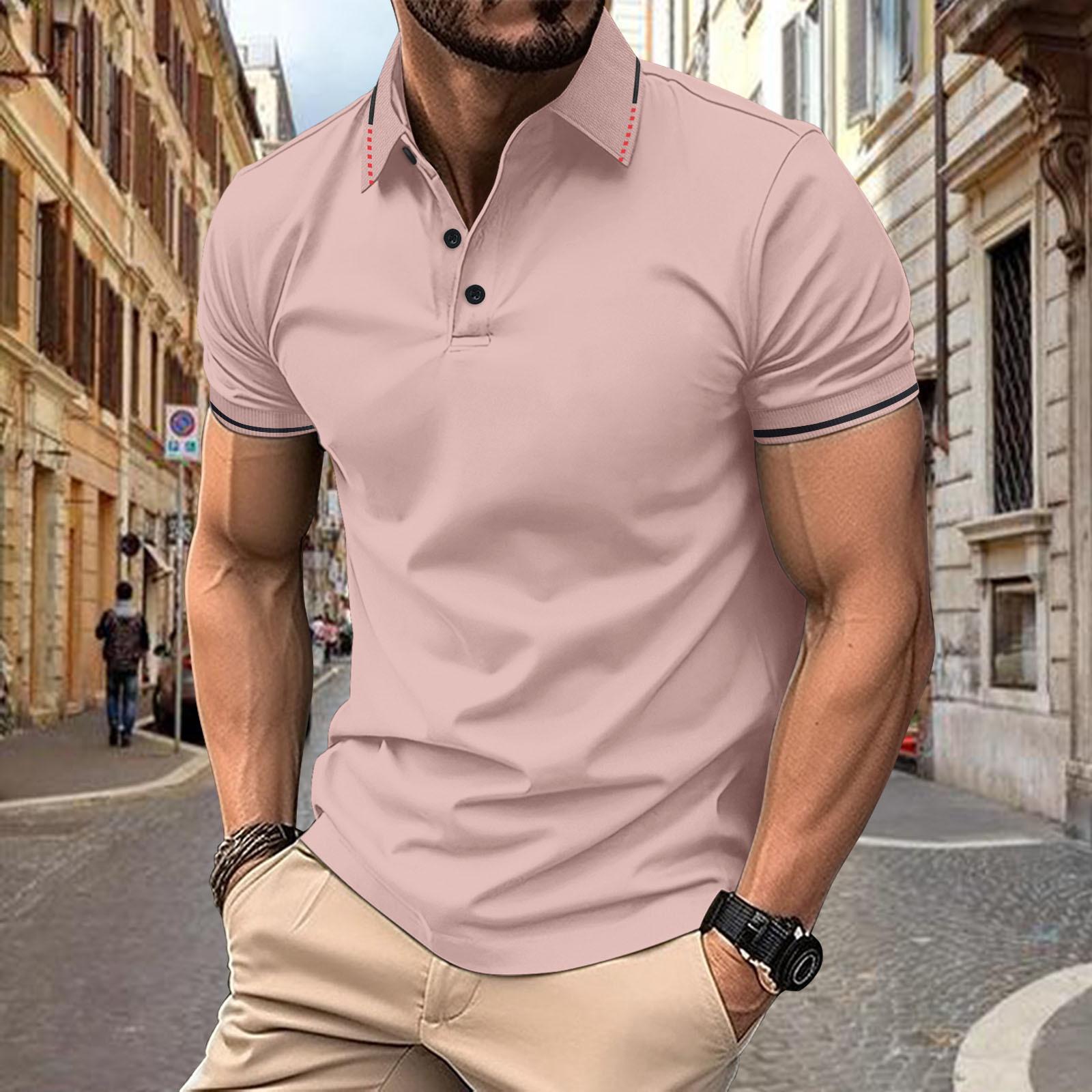 New Men s Casual POLO Shirt Ribbed Lapel Fashion Buttons Business Solid Colour Versatile T-shirt Tops S розовый