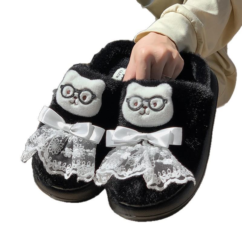 New Cartoon Warm Home Cotton Slippers Lace Bow Winter Non-slip Light Soft Plush Couple Cotton Shoes