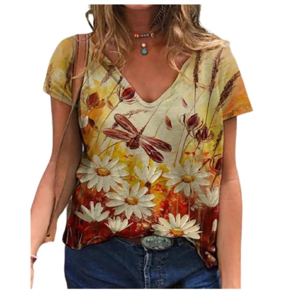 Casual Summer T-shirt 2025 New Women's 3d Floral Print T-shirt Ladies Street Wear Short-sleeved V-neck Top
