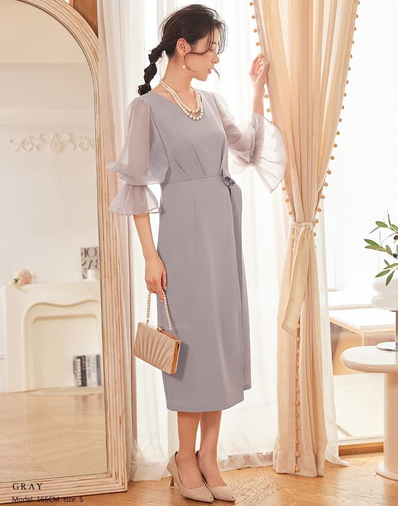 Hanmall Gray Puff Formal Long Suitable for Women In Their and Graduation LON718 Dress, Wedding, Business, Chiffon, Sleeve, Dress, Sleeve, A-Line, 20s,