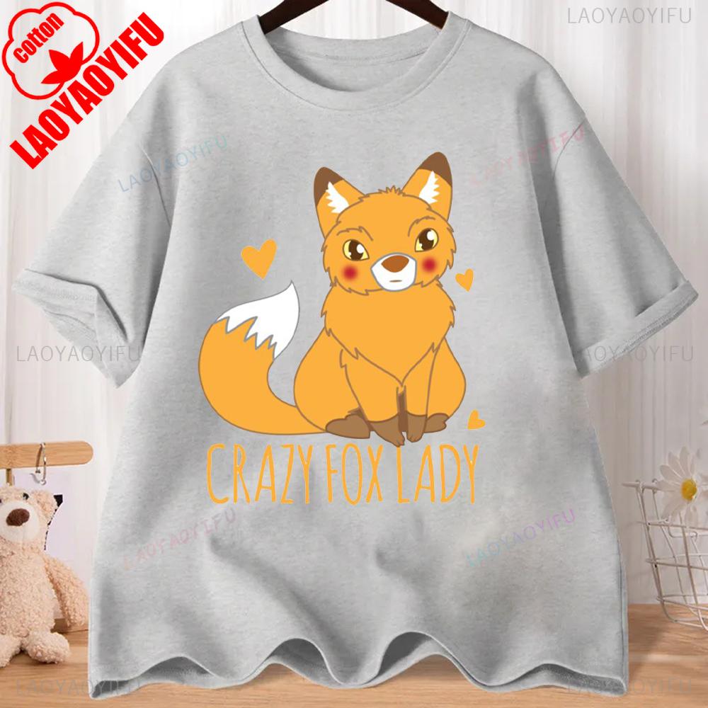 Lovely Cartoon Fox Graphic T-shirts Comfort and Fashion Coexist Short-sleeve Round Neck Regular Fit Clothes CRAZY FOX LADY