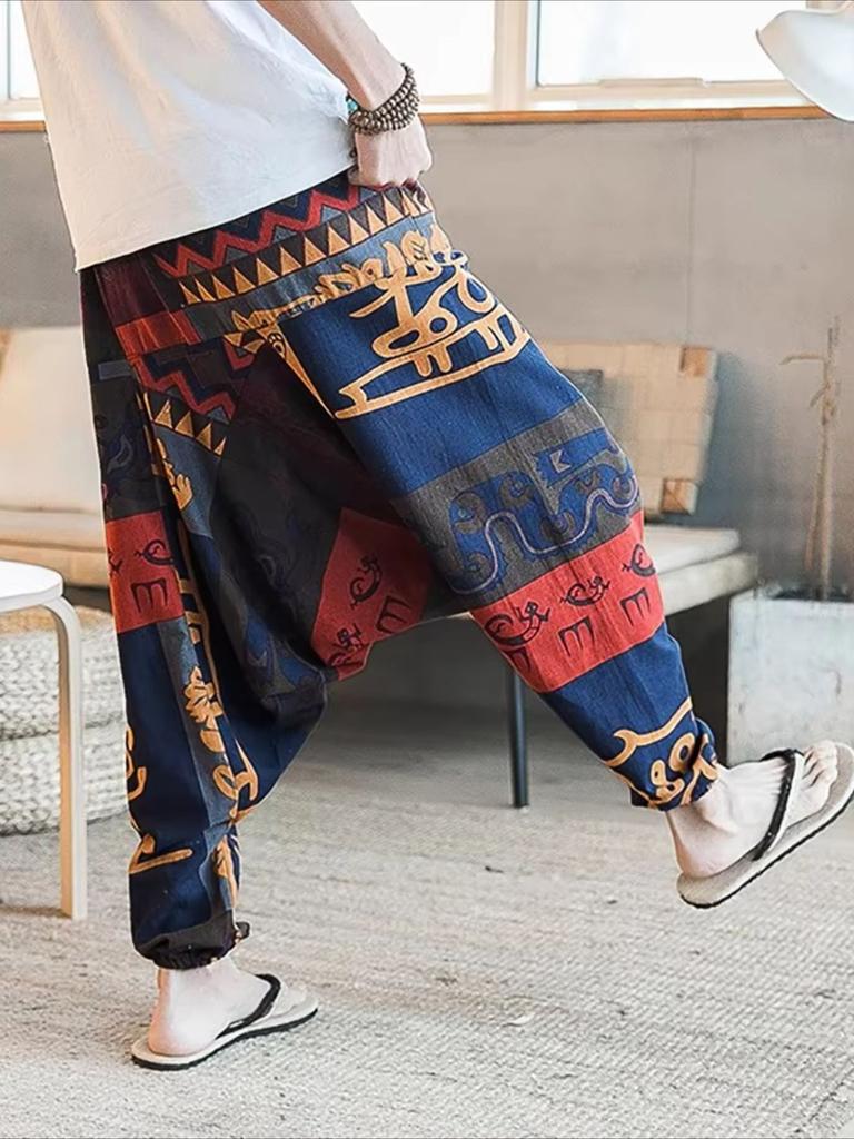 Ethnic Style Men's Polyester Casual Pants with Vintage Patterns Relaxed Fit Elastic Waistband Ankle-Cuff Design Comfortable Pants for All Seasons