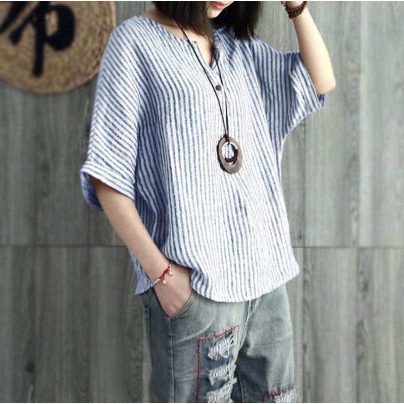 

Women s Summer Sleeveless V-neck T-shirt Striped Cotton Casual Top Women XS синій