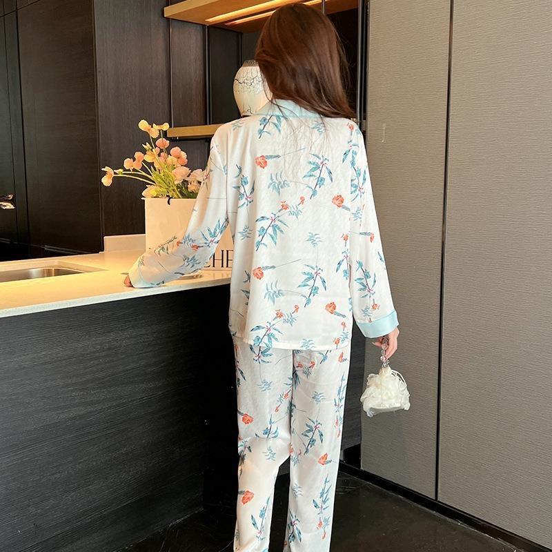 Women Ice Silk Long Sleeve Suit Pajamas Print Fashion Pyjamas