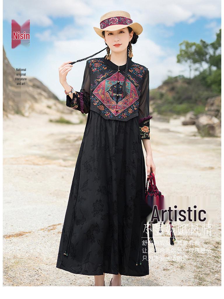 2025 Women's Ethnic Satin Jacquard Embroidered Vest Dress with Stand Collar