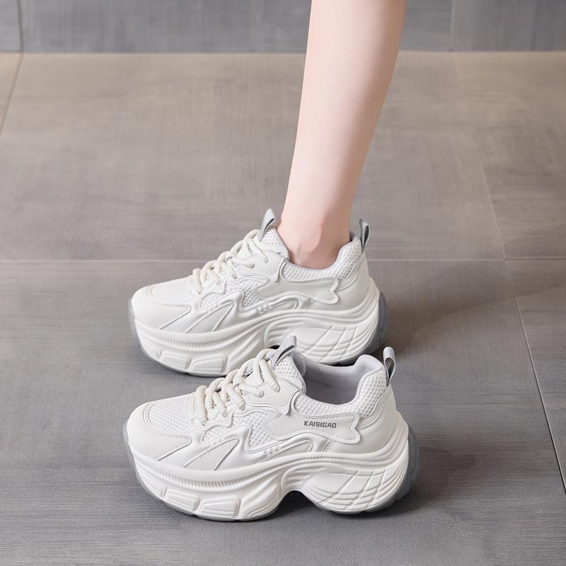 Height-increasing Dad Shoes Women's 2025 New Autumn Leather Thick-soled Mesh Breathable Little White Shoes Small Casual Women's Shoes