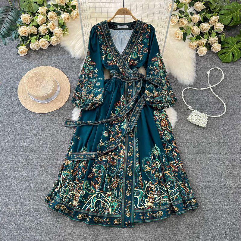

Retro Long Sleeves Waist-Controlled Lace-up Elegance Print Dress Green 4XL