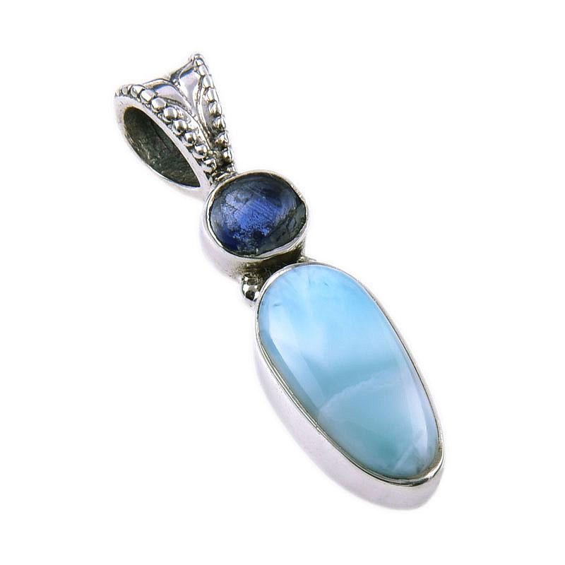 Natural Republic Larimar, Kyanite 925 Solid Sterling Silver Pendant 1.25'' d2M74